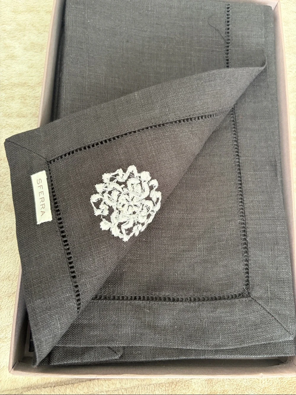 SFERRA Classic Black Linen Dinner Napkins with White Embroidered Motif